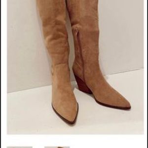 Knee High Western Boot! Soft grey suede pointed-toe upper, 16"shaft, 3.25" heel.